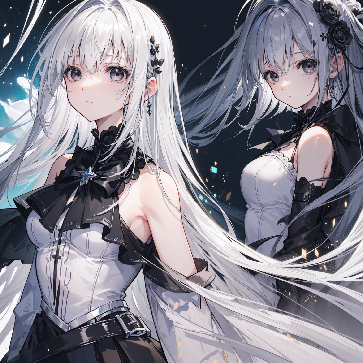 (Top image quality)、(Ultra Detailed)、(Facing forward)、top quality、masterpiece、((((1 girl))))、Silver Hair、white hair、((Long hair))、(black eyes:1.6)