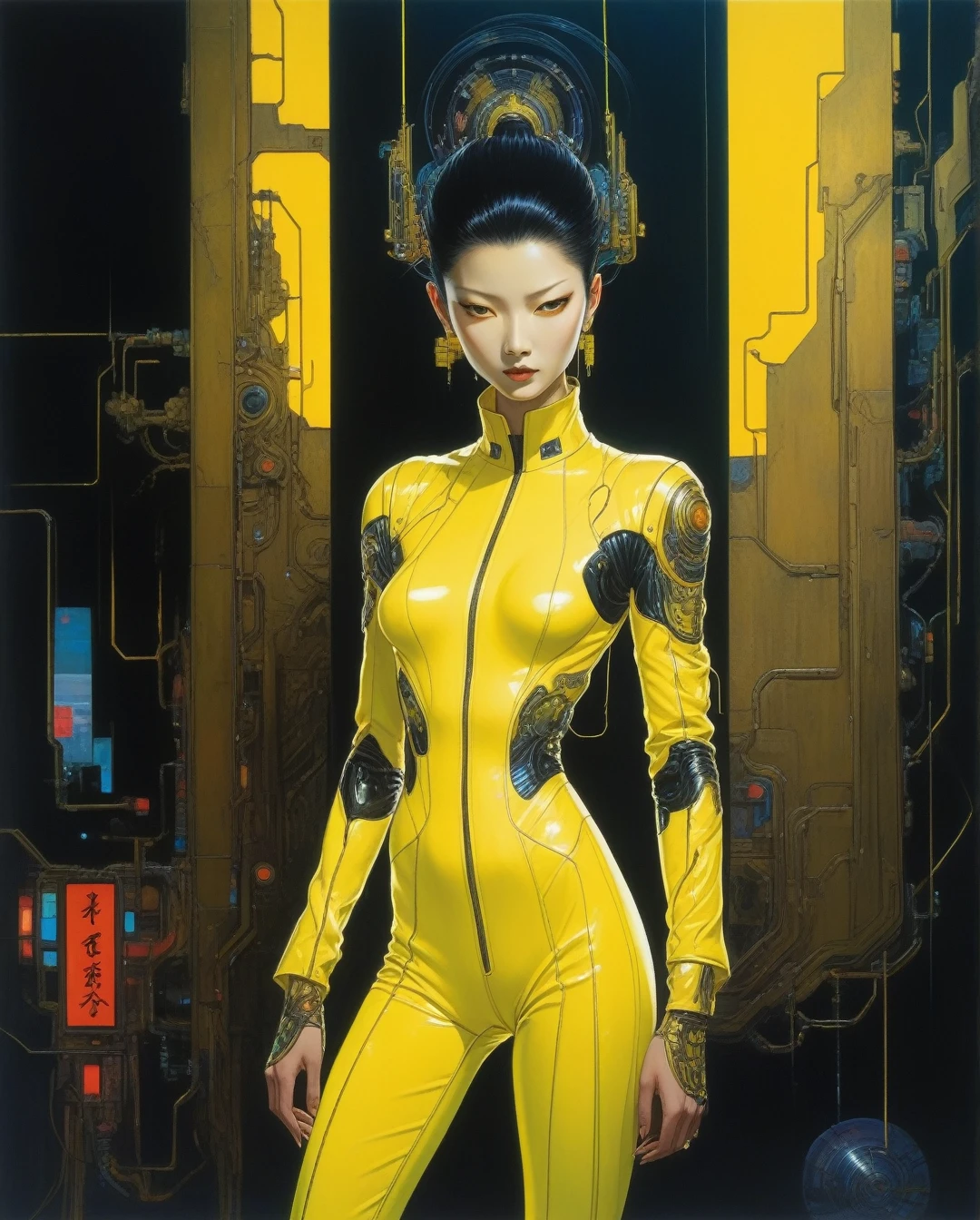 amano yoshitaka, In a neon-lit cyberpunk space setting, a figure emerges clad in a sleek yellow jumpsuit, designed with a distinct art style reminiscent of Yoshiaki Kawajiri. The scene is portrayed in a vivid and elaborate digital painting, showcasing sharp edges and dynamic colors. The jumpsuit gleams with metallic sheen, accentuating the mysterious allure of the character. Every detail, from the sleek contours to the intricate patterns, contributes to the image's captivating and high-quality execution, drawing viewers into a futuristic world of intrigue and sophistication.