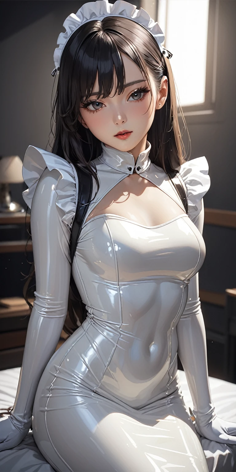 Portraiture、(masterpiece,Highest quality,Ultra-high resolution),Japanese women, (((Very beautiful 25 year old girl))),(White latex maid outfit)、(White latex long skirt)、(A long-sleeved white latex shirt covering the upper body)、White latex long gloves、White latex socks、Latex bodysuit、The clothes fit snugly to the body、Latex is very shiny、Dark Room、
