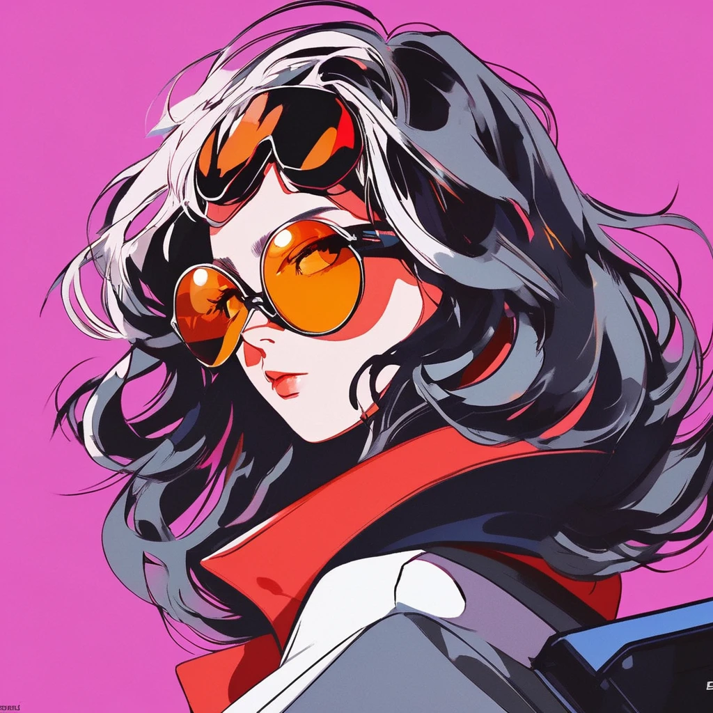 Anime girl with sunglasses in her hair, Guweiz style artwork, digital illustration style, anime style illustration, anime style 4k, orange eyes, With shining eyes, anime style. 8K, Hero, Persona 5 art style wallop