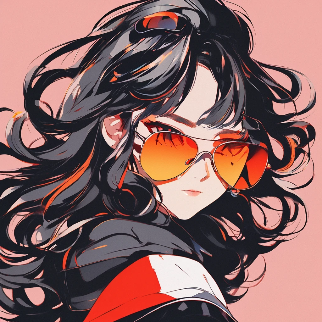 Anime girl with sunglasses in her hair, Guweiz style artwork, digital illustration style, anime style illustration, anime style 4k, orange eyes, With shining eyes, anime style. 8K, Hero, Persona 5 art style wallop