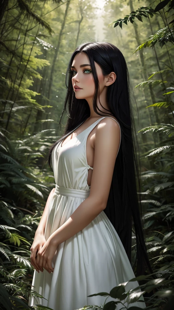 Beautiful girl with green eyes and long black hair wearing white dress in a beautiful forest photo shoot