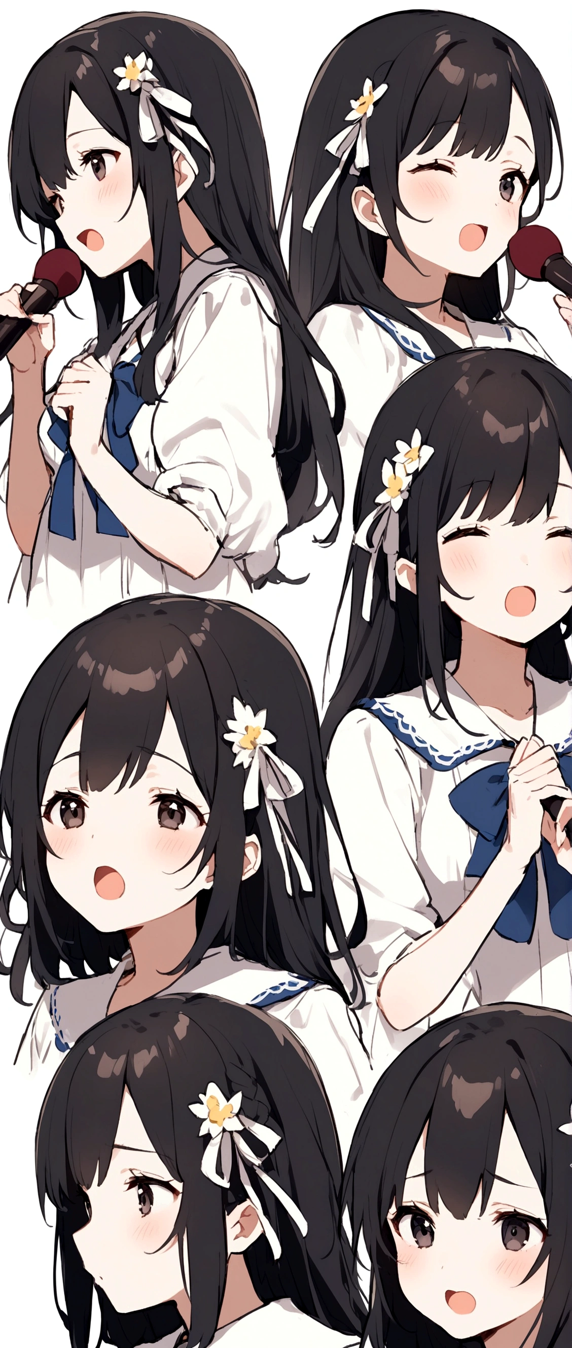Black Hair、long、Ribbon hair ornament on the right、singing、Girl