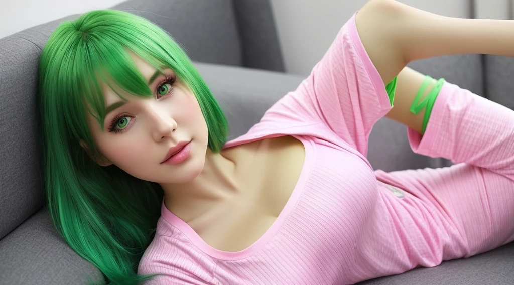 Generate me, an image of a green-haired Waifu model, super realistic, the girl should be in pink pajamas and tight bracier marking her body.

