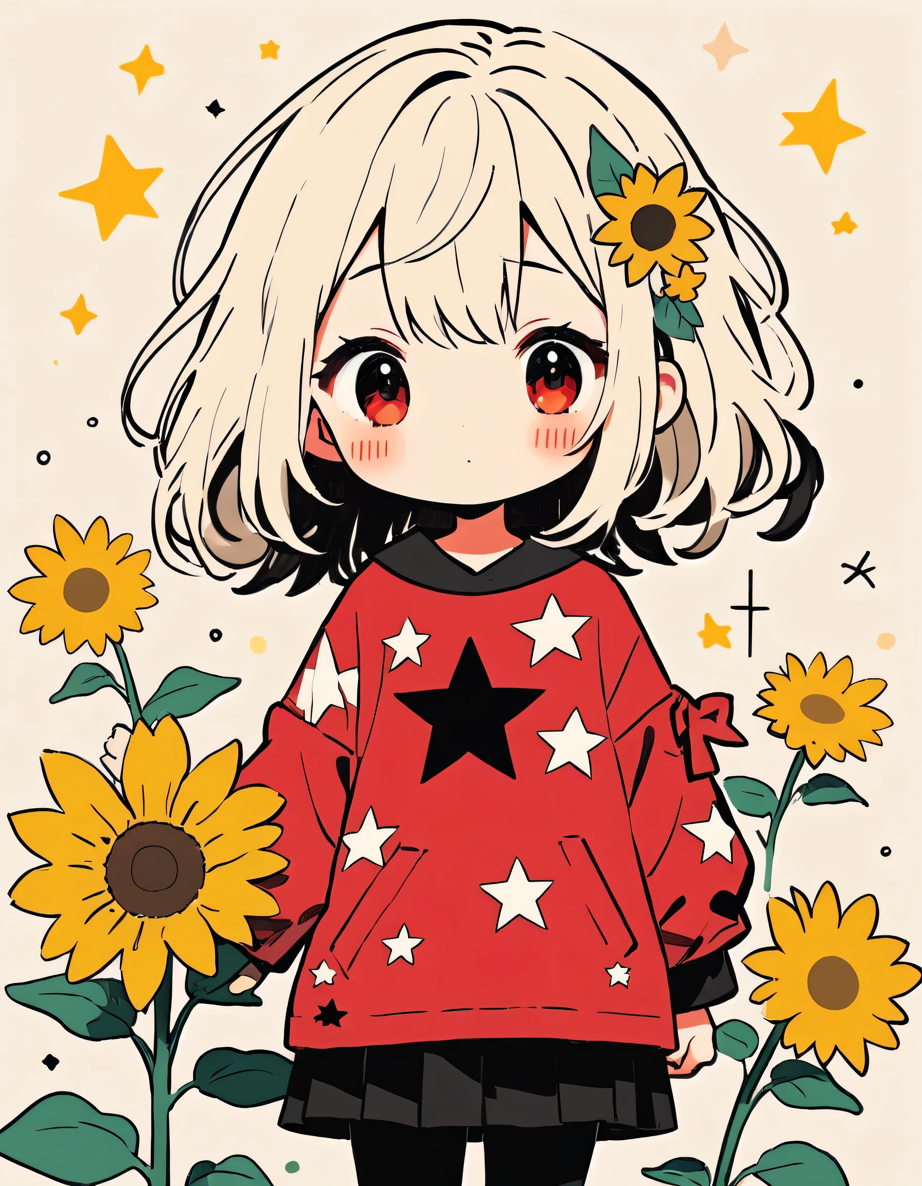 Black Star Red and White style, Simple Line Initialism，Abstract art，Kawaii Design, The most beautiful girl of all time、chibi, The background is sunflower