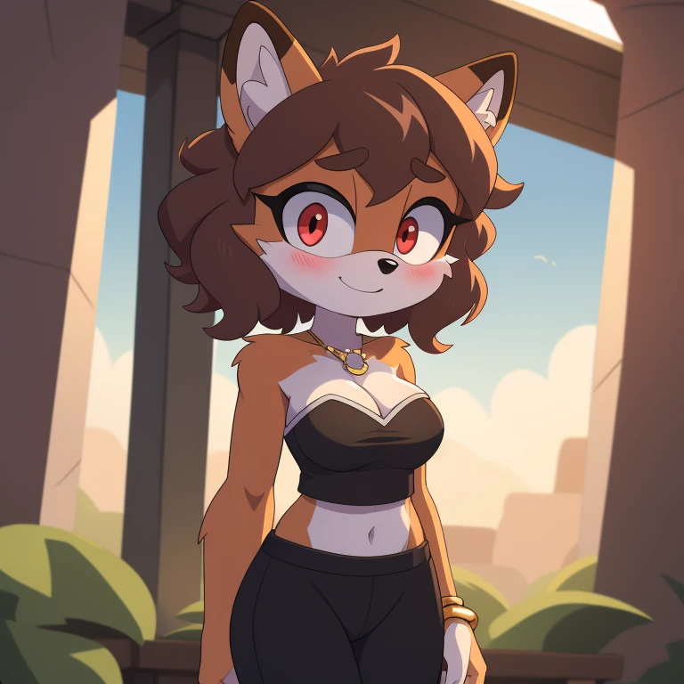 mobian, solo, hedgehog, two-tone fur ((orange fur, brown fur)), strapless crop top, baggy pants, cleavage, two-tone hair (brown hair, black tip)), curly hair, halo, sunglasses, jewelry, red eyes, longeyelashes, red eyes, smile, shy, blush,  framed, stereogram, image fill, viewfinder, depth of field, high details, high detail, masterpiece, UHD, anatomically correct, super detail, highres, 4K