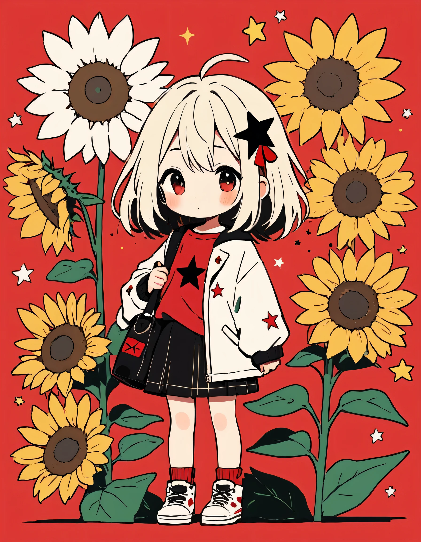 Black Star Red and White style, Simple Line Initialism，Abstract art，Kawaii Design, The most beautiful girl of all time、chibi, The background is sunflower