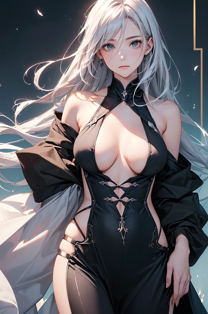 (Image from  up:1.4)((masterpiece:1.5,Highest quality,Beautiful images、Realistic、2.5D、Artistic、Portraiture))(1girl, 独奏)(, Silver Hair、long hair、Beautiful cleavage、sideboob、Exposing shoulders、Tattoo on shoulder)(横顔のPortraiture,Gaze sideways、Gaze diagonally、Shake your head、A sad expression, floating hair)(Monotone Abstract Background)((from diagonally forward:1.3)),Landscape,((outfit-inori,Monotone costumes))
