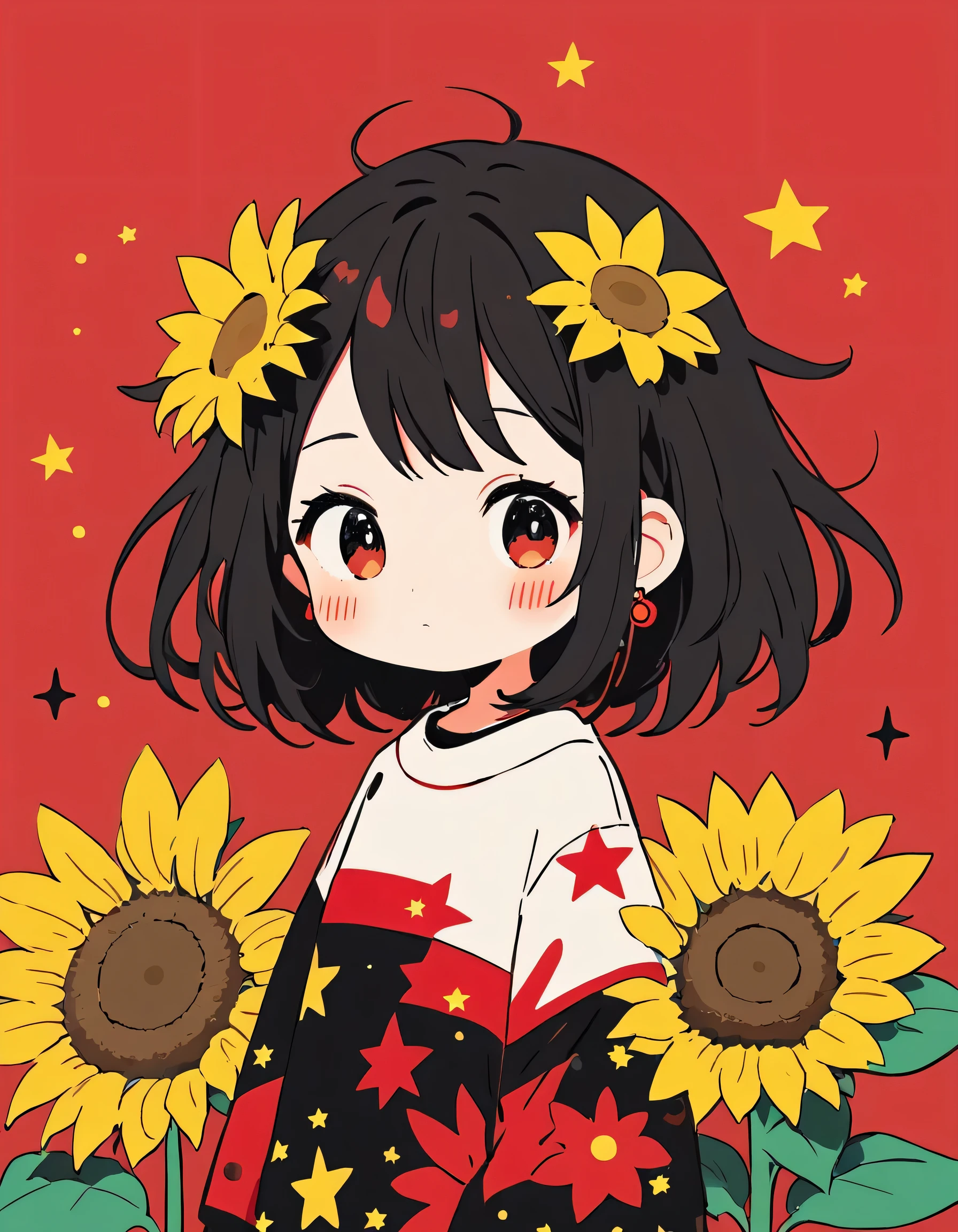 Black Star Red and White style, Simple Line Initialism,Abstract art,Kawaii Design, The most beautiful girl of all time、chibi, The background is sunflower