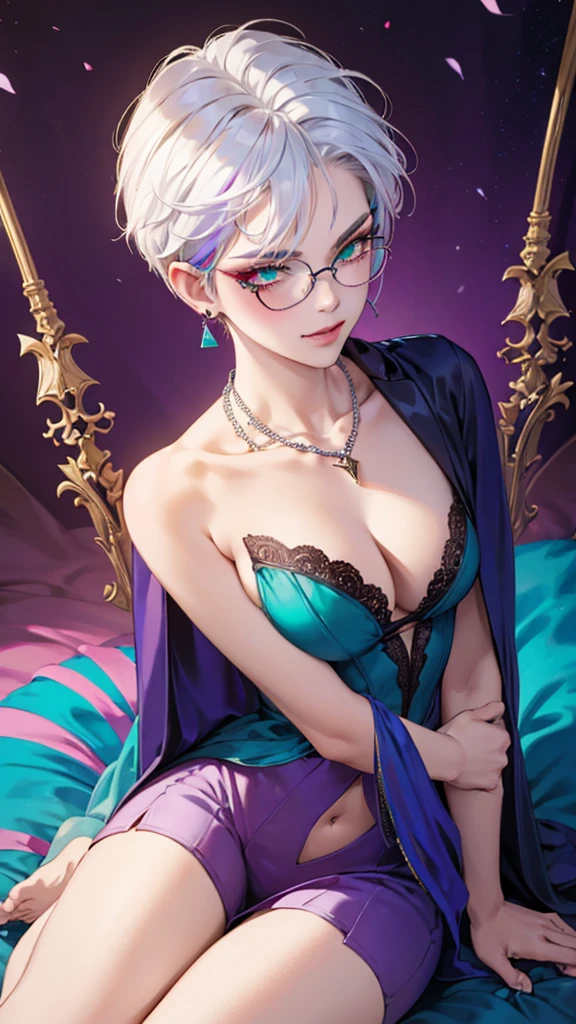 8k, masterpiece, best quality, highly detailed, 1 girl, tiefling, warlock, multicolored hair, very short straight hair green highlight hair on white hair, strippled hair, wearing glasses, round glasses, earrings, red eyeshadow, long eyelashes,navel piercing, blushed cheek, necklace, collarbone, mole, glamorous, purple and teal clothing, villainy, smirk, seductive face, halfbody view, rings, looking at viewer, demon horns, solo, antique dress, ballroom, palace, blue pale moon, sitting,