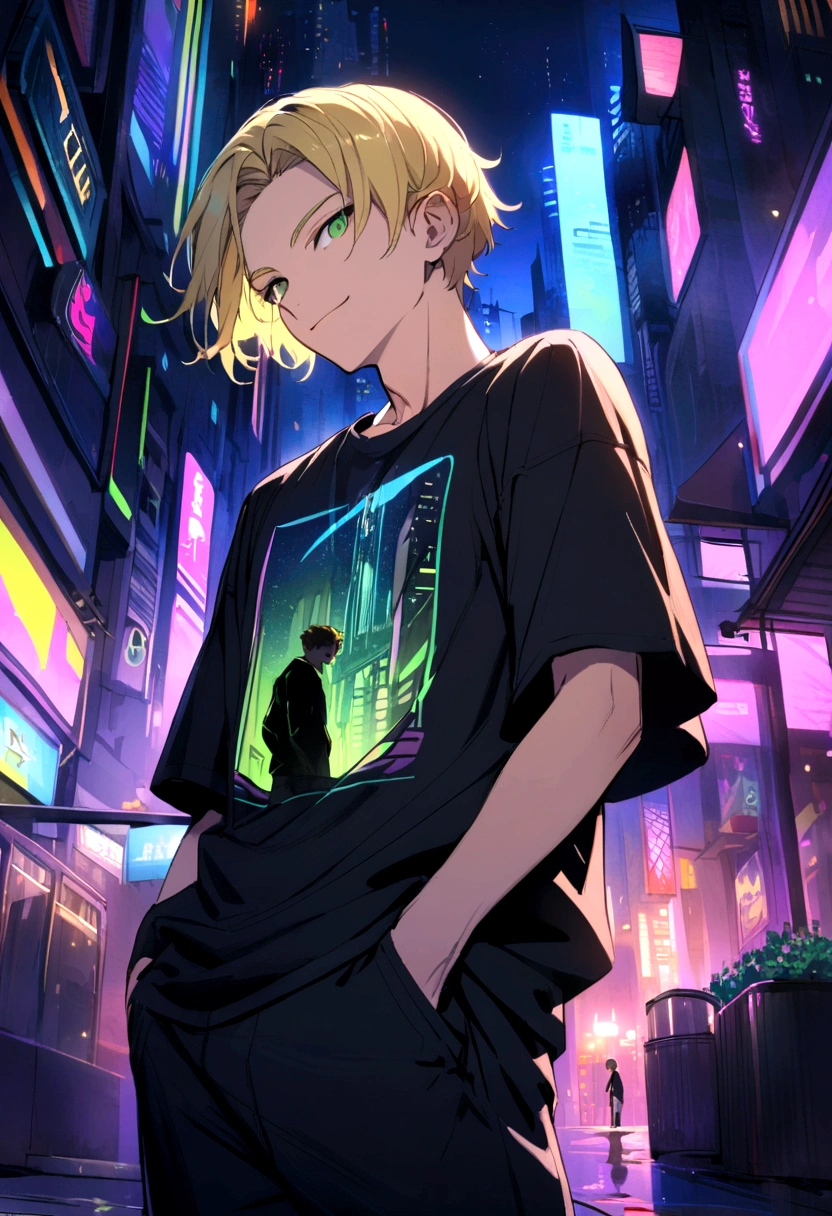 a teen boy, blonde hair, green eyes, night, cyberpunk city, a black jacket and a t-shirt, slightly smiling, hands in pockets
