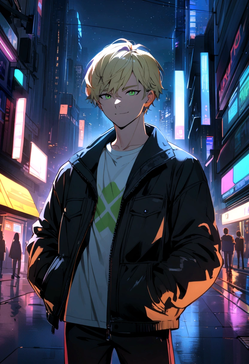 a teen boy, blonde hair, green eyes, night, cyberpunk city, a black jacket and a t-shirt, slightly smiling, hands in pockets