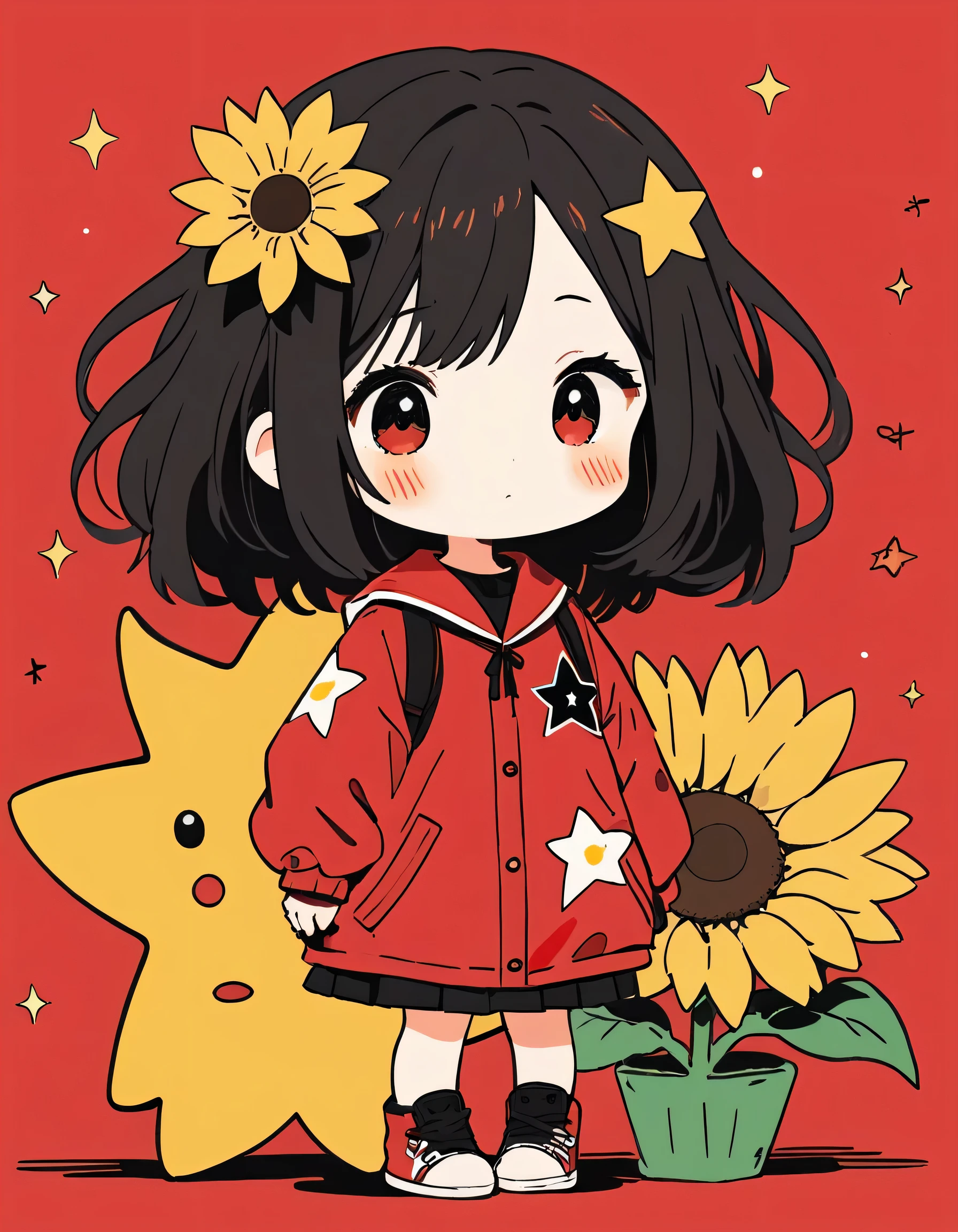 Black Star Red and White style, Simple Line Initialism,Abstract art,Kawaii Design, The most beautiful girl of all time、chibi, The background is sunflower