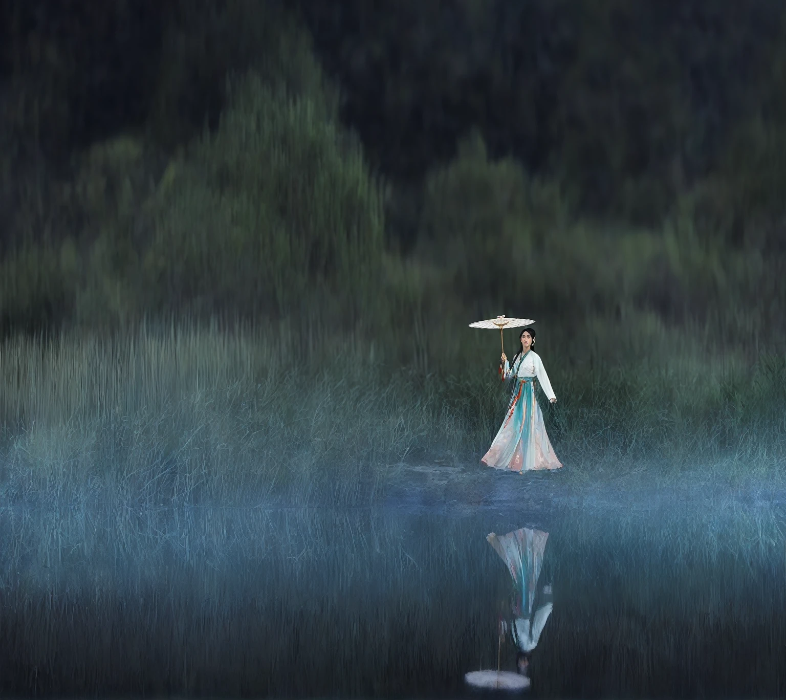 beautiful detailed eyes, beautiful detailed lips, extremely detailed eyes and face, longeyelashes, Chinese traditional costume, reflection in water, forest background, holding a white umbrella, serene expression, graceful pose, natural lighting, vibrant colors, soft flowing fabric, intricate embroidery, delicate makeup, ethereal atmosphere, tranquil