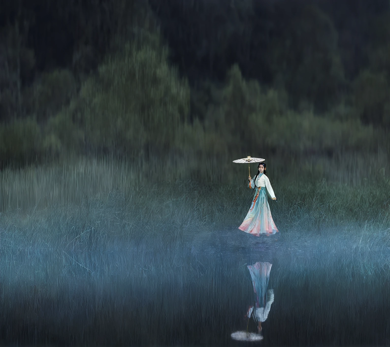 beautiful detailed eyes, beautiful detailed lips, extremely detailed eyes and face, longeyelashes, Chinese traditional costume, reflection in water, forest background, holding a white umbrella, serene expression, graceful pose, natural lighting, vibrant colors, soft flowing fabric, intricate embroidery, delicate makeup, ethereal atmosphere, tranquil