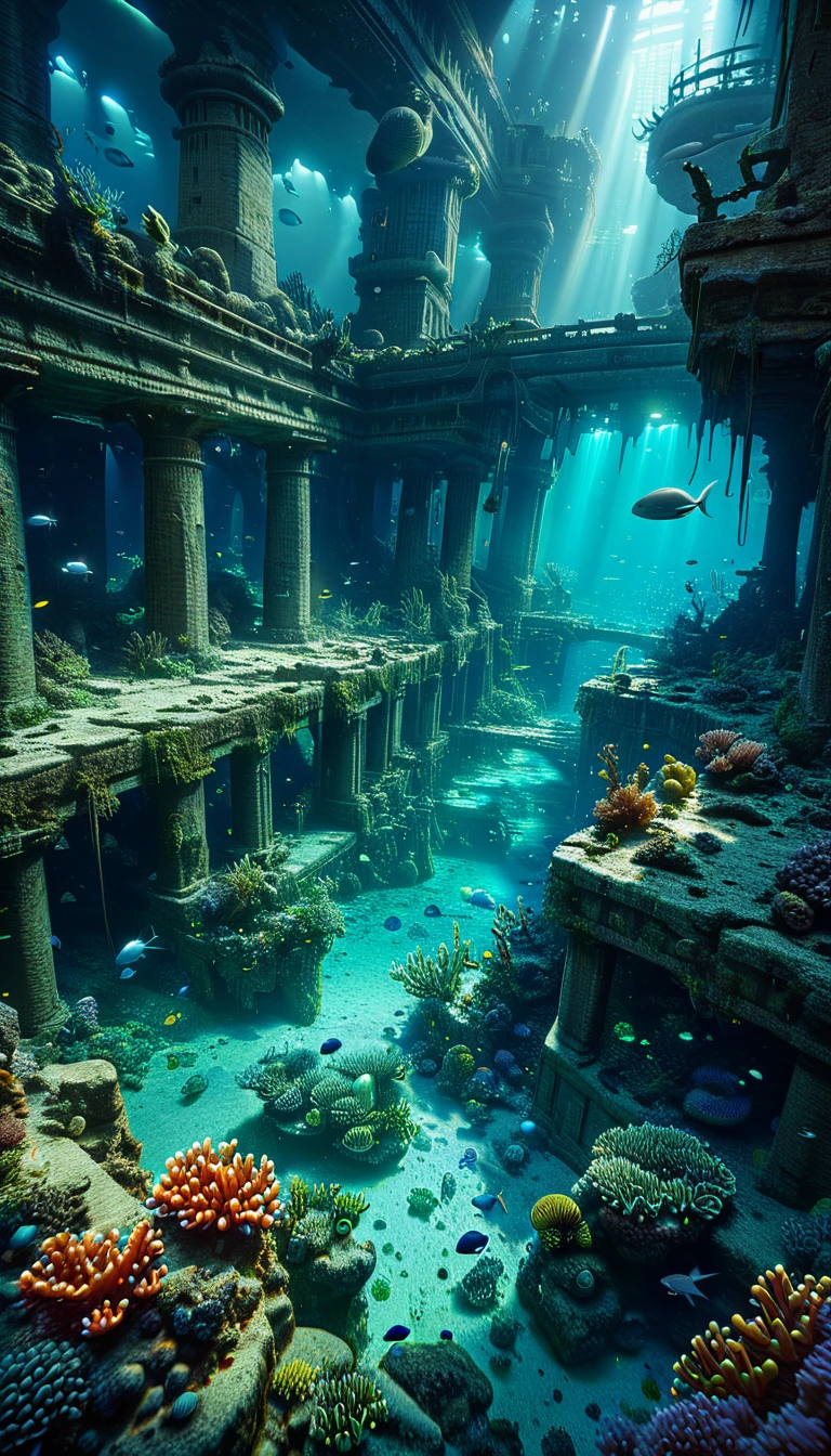 a vast underwater city, ruins of an ancient lost civilization, sunken metropolis, crumbling structures, covered in coral and marine life, mysterious and eerie atmosphere, glowing bioluminescent creatures, dramatic lighting, (best quality,8k,highres,masterpiece:1.2),ultra-detailed,(realistic,photorealistic,photo-realistic:1.37),cinematic composition,dramatic lighting,moody and melancholic color palette,dark blues and greens,shafts of light piercing the depths,sunken ships and debris,strange alien architecture,otherworldly and mystical,intricate details,sense of scale and grandeur