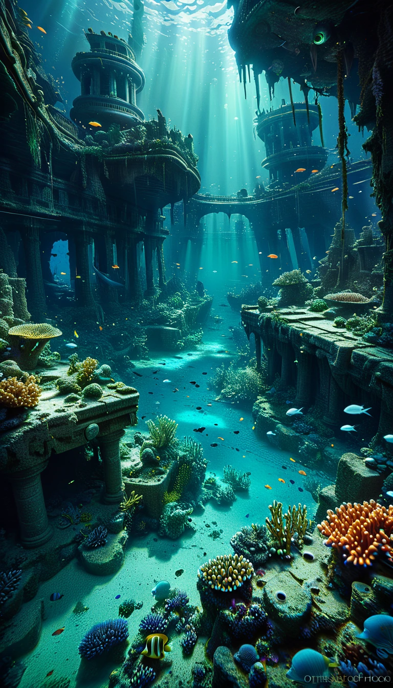 a vast underwater city, ruins of an ancient lost civilization, sunken metropolis, crumbling structures, covered in coral and marine life, mysterious and eerie atmosphere, glowing bioluminescent creatures, dramatic lighting, (best quality,8k,highres,masterpiece:1.2),ultra-detailed,(realistic,photorealistic,photo-realistic:1.37),cinematic composition,dramatic lighting,moody and melancholic color palette,dark blues and greens,shafts of light piercing the depths,sunken ships and debris,strange alien architecture,otherworldly and mystical,intricate details,sense of scale and grandeur