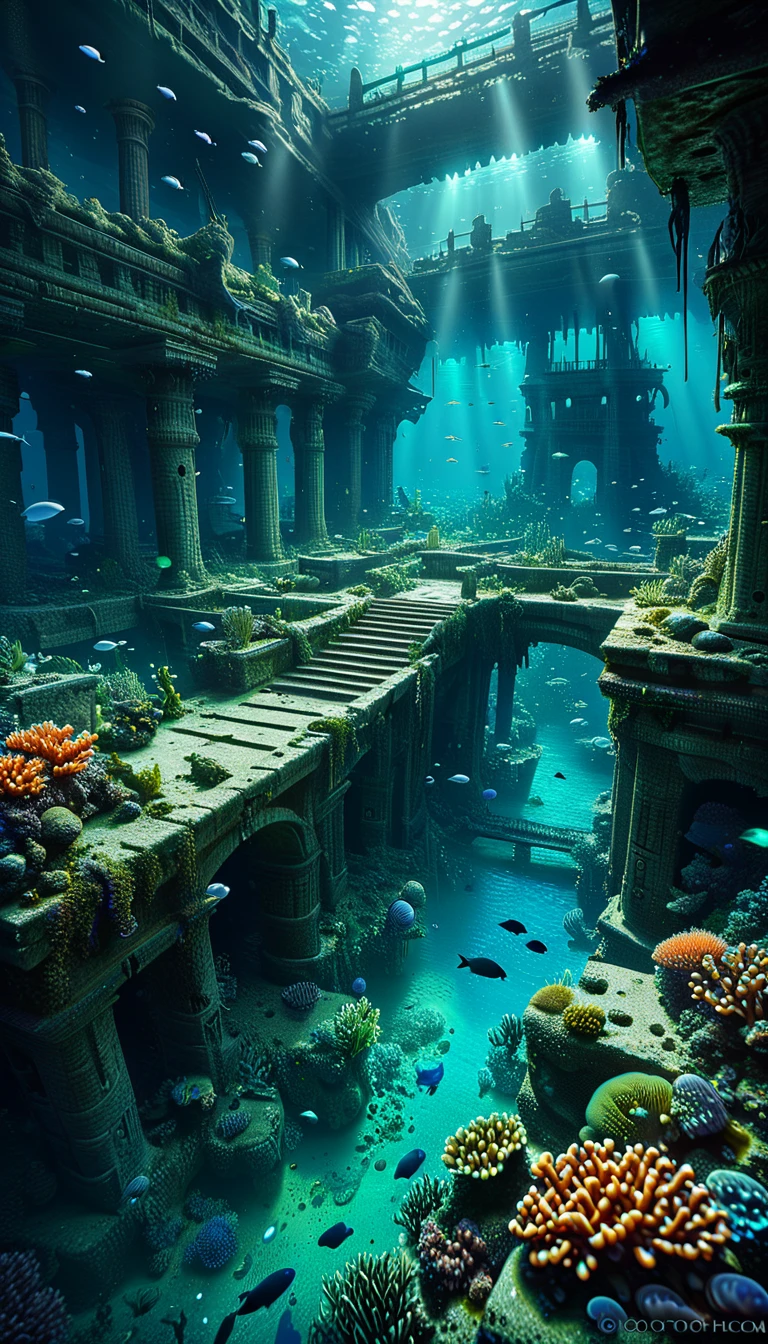 a vast underwater city, ruins of an ancient lost civilization, sunken metropolis, crumbling structures, covered in coral and marine life, mysterious and eerie atmosphere, glowing bioluminescent creatures, dramatic lighting, (best quality,8k,highres,masterpiece:1.2),ultra-detailed,(realistic,photorealistic,photo-realistic:1.37),cinematic composition,dramatic lighting,moody and melancholic color palette,dark blues and greens,shafts of light piercing the depths,sunken ships and debris,strange alien architecture,otherworldly and mystical,intricate details,sense of scale and grandeur