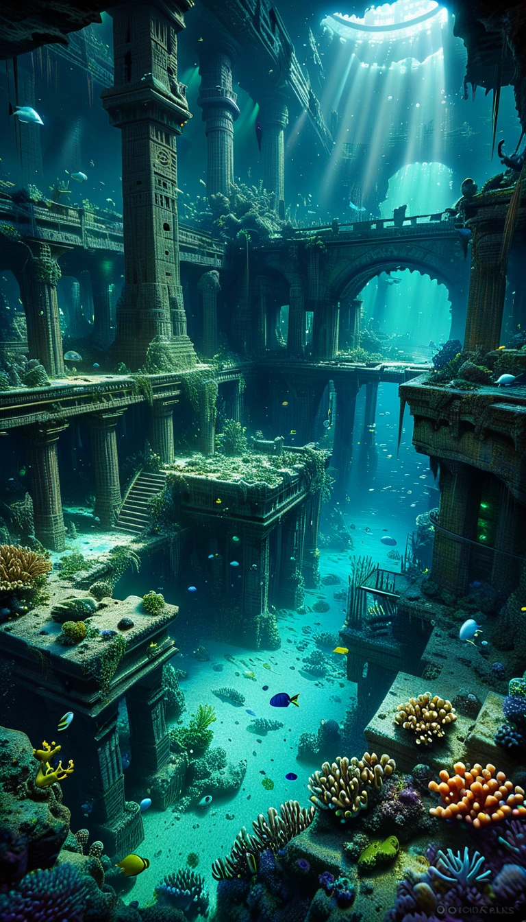 a vast underwater city, ruins of an ancient lost civilization, sunken metropolis, crumbling structures, covered in coral and marine life, mysterious and eerie atmosphere, glowing bioluminescent creatures, dramatic lighting, (best quality,8k,highres,masterpiece:1.2),ultra-detailed,(realistic,photorealistic,photo-realistic:1.37),cinematic composition,dramatic lighting,moody and melancholic color palette,dark blues and greens,shafts of light piercing the depths,sunken ships and debris,strange alien architecture,otherworldly and mystical,intricate details,sense of scale and grandeur