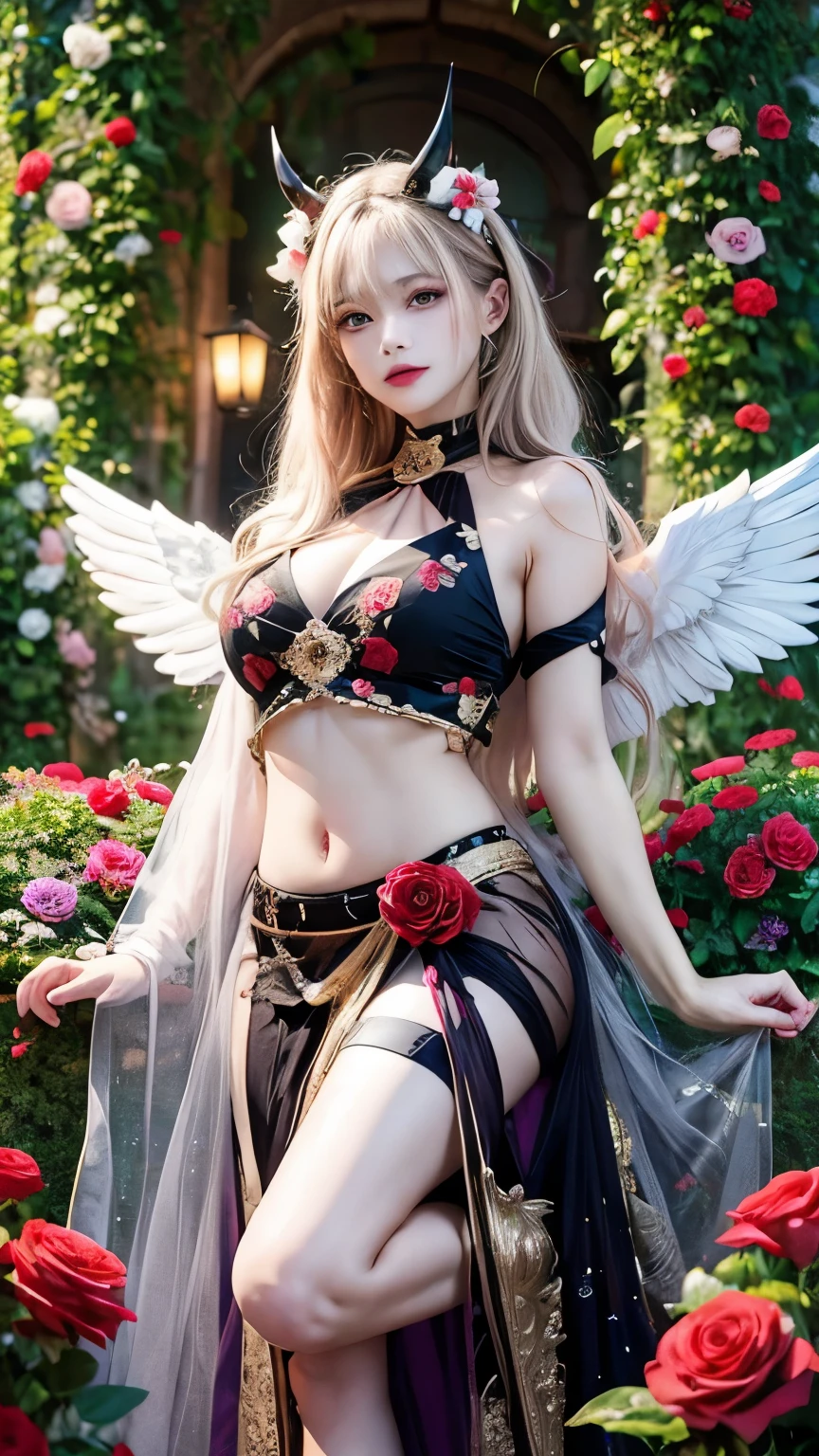 mature_female, YorForger, jewelry, looking at the viewer, hollow, abyss, church, catholic, angel,fairy,universe, glitter, holo, mary, glint, gradient, overlay, shadow, grand, flowers, sparkle flowers, golden hair, (wings), midriff, shirt, red eyes,  hips, navel, sidelocks, golden heels, fog, pink rose, red rose, rosemary, parrot, green wings, water, hair, horns, lips out, galaxy eyes, flowers, garden