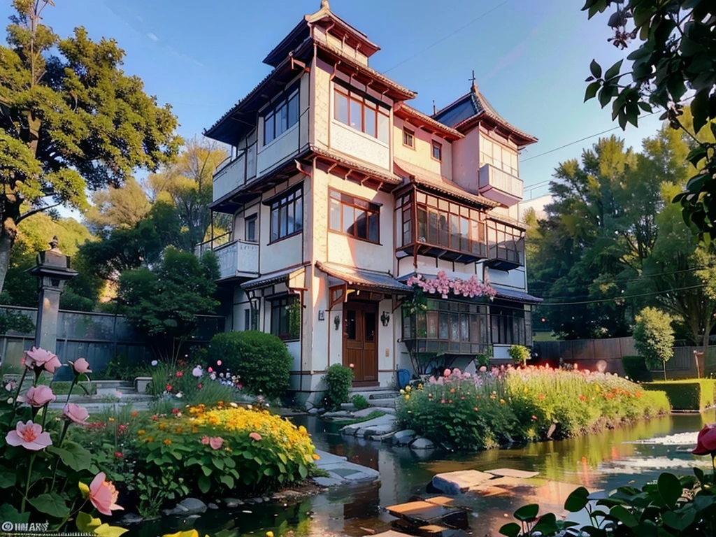 8K HD画质， 粉红的Peach BlossomTree林森林重点是很多Peach Blossom风景照8K 画质，Best quality，masterpiece，HD，Super rich detail，detailed，Many fairy-tale castles，The yard is huge，The yard is full of flowers，It is a rich garden，There are roses in the garden，Moonflower，Jasmine，Peach Blossom，club，apricot，chrysanthemum，Peony，Lavender，Cherry blossoms，Pomegranate flowers, ETC，A wide variety of flowers，All flowers are planted in one garden，There is also river water in the garden，Creek，pond，lake，Lake，Rios，J，Everything in the same picture，Lifelike，The picture is very realistic，Very real，The vegetable garden was neat inside，There are mountains and water in the distance，sky sky，cloud，Tree。Country Road。Industrious people grow flowers，The picture is very warm，HD，The picture is realistic，Strong realism，The focus is on the garden castle as well as the river，Images are colorful，High contrast，There is only one scene，No split screen，Do not crop the image，Keep the picture rich and complete