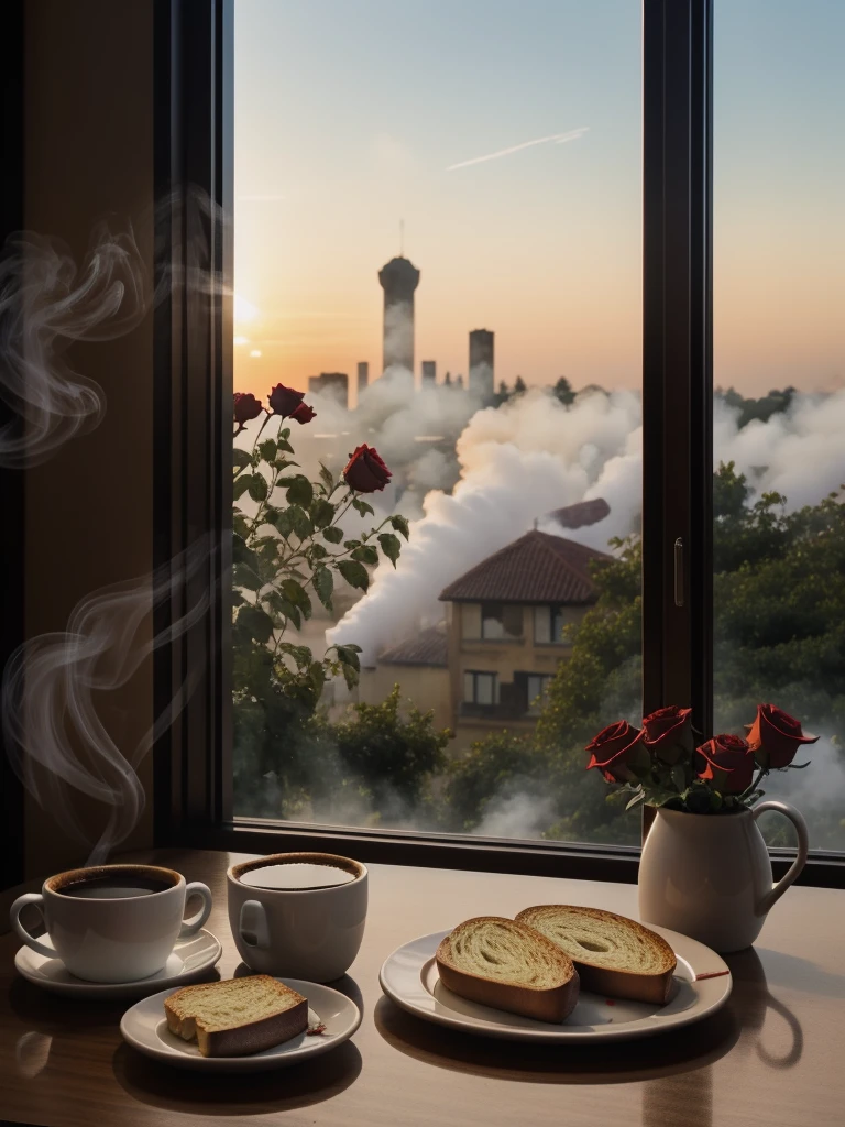 Bread and Hot Coffee with smoke on the table with rose flower tower, Background window with morning color.