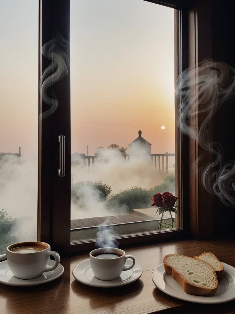 Bread and Hot Coffee with smoke on the table with rose flower tower, Background window with morning color.