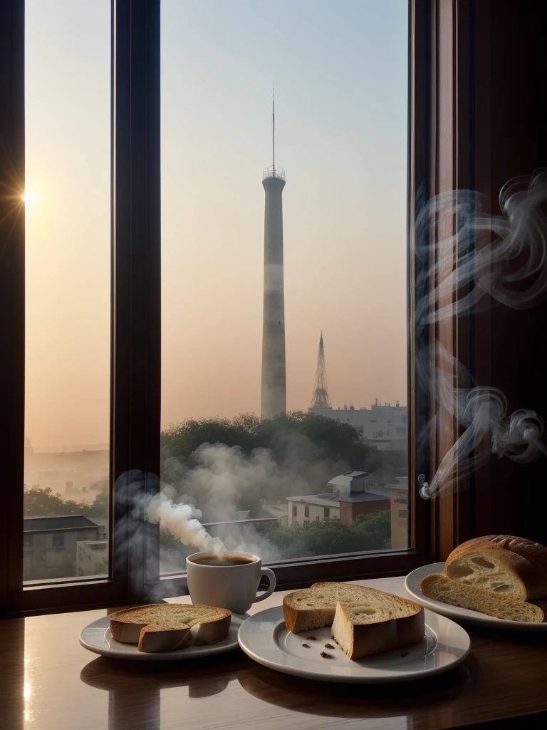 Bread and Hot Coffee with smoke on the table with rose flower tower, Background window with morning color.