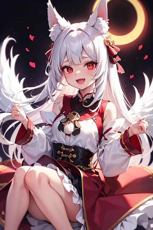 1girl, solo, white hair, red eyes, fox ears, fox girl, angel wings, hanfu, silk, long sleeves, open mouth, smile, fangs, look at the audience, cringe, silent echo, revealing skirt, lifted skirt, pussy, exposed privates