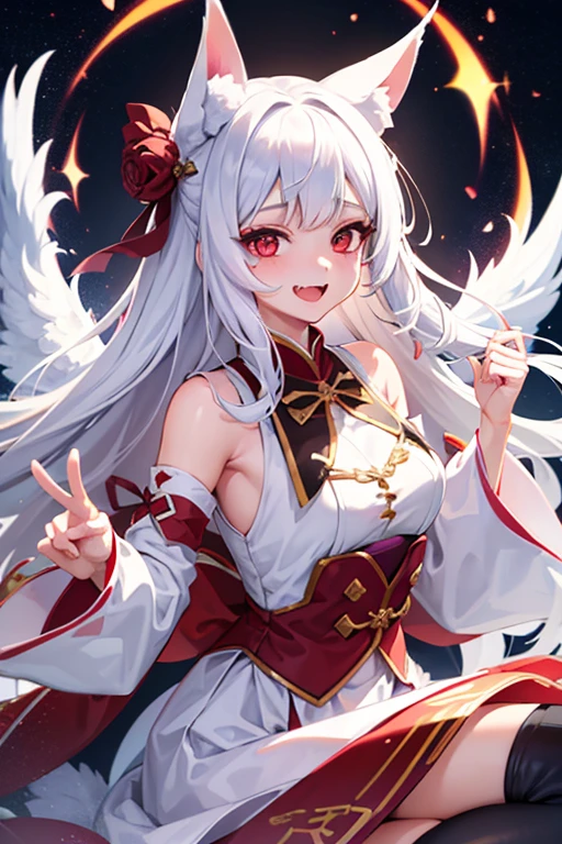 1girl, solo, white hair, red eyes, fox ears, fox girl, angel wings, hanfu, silk, long sleeves, open mouth, smile, fangs, look at the audience, cringe, silent echo, revealing skirt, lifted skirt, pussy, exposed privates