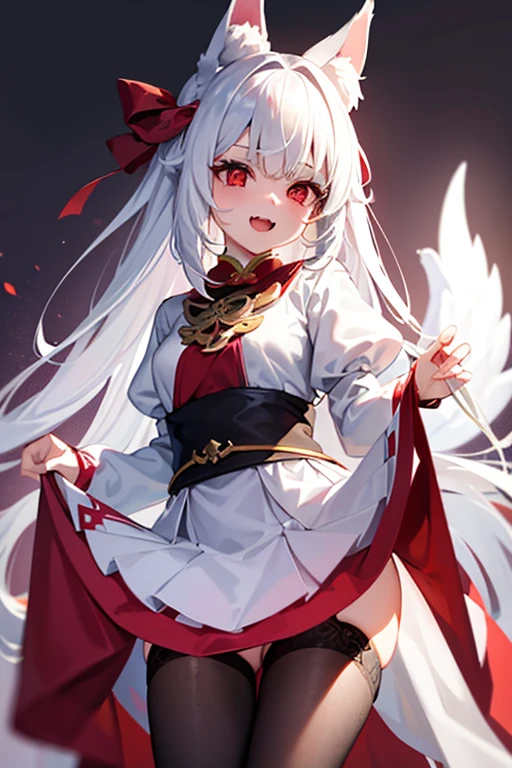 1girl, solo, white hair, red eyes, fox ears, fox girl, angel wings, hanfu, silk, long sleeves, open mouth, smile, fangs, look at the audience, cringe, silent echo, revealing skirt, lifted skirt, pussy, exposed privates