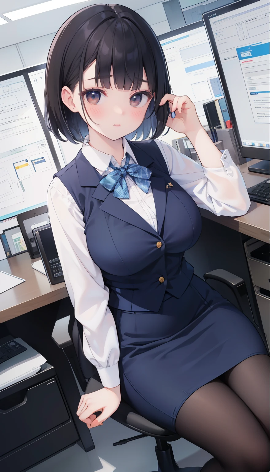 highest quality, Flying debris、Beautiful woman、officeレディー、Black Hair、(Brown eyes、Big Breasts、Blunt bangs)、short hair、チェック柄のダークブルーのofficeスーツ)、new employee,Full Body Shot、Female office lady、break(Dark blue checked vest、White dress shirt、Navy blue long tight pencil skirt:1.2)、(Black Knee High、High heels)、break(office:1.3)、Cleavage、Shirt buttons fly off、garter belt