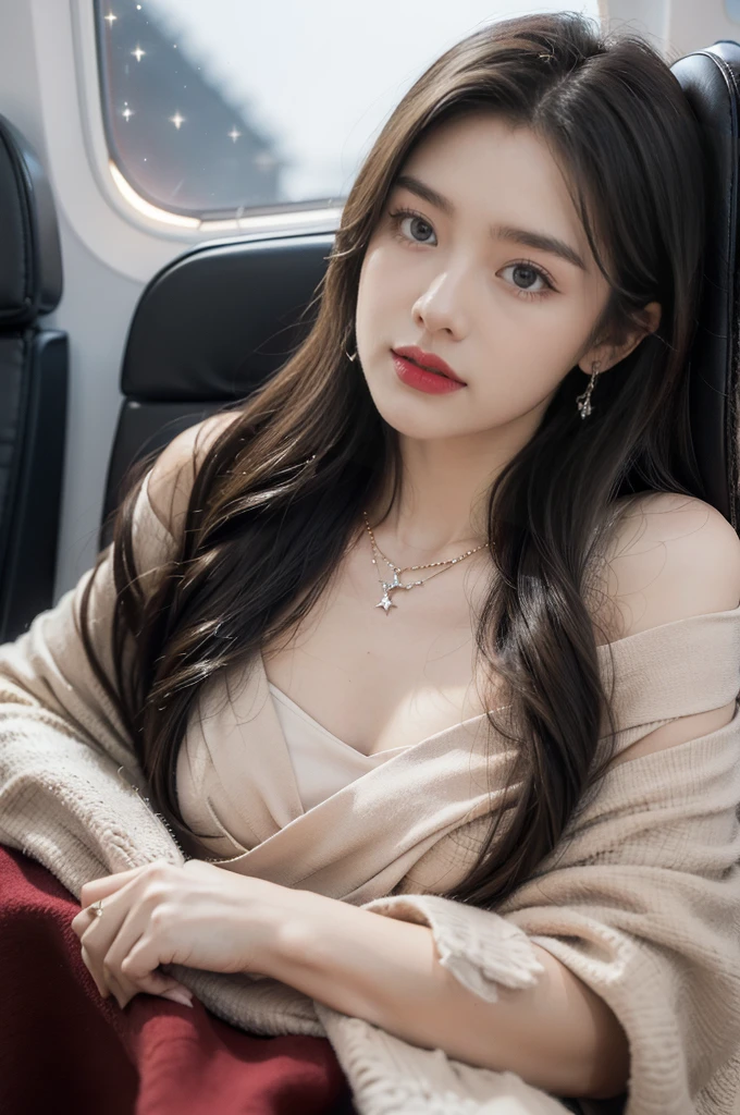 (((best quality))),(((ultra detailed))),(((masterpiece))),illustration,(a beautiful girl,female passenger,solo),(parted red lips),((slim,thin,small breasts,flat chest)),((earrings,crystal necklace)),(slender legs:1.2),summer night,((in airplane,economy class,indoor)),(blanket over shoulders:1.3),((dress)),(shoulder length straight bob hair:1.2),stars,moonlight,smooth flight,engine sound,lullaby,relaxed,excited,laughing,visiting family,comfortable seats,soft fabric,headrests,adjustable,beauty of night sky,dimmed lights,sleeping passengers,movies,personal screens,staying awake,magic of sky,joy of being with family,memorable journey,adventures,(surrounded by crowded crowds:1.3),(Outside the window is high-altitude night view:1.2),((from front,upper body))
