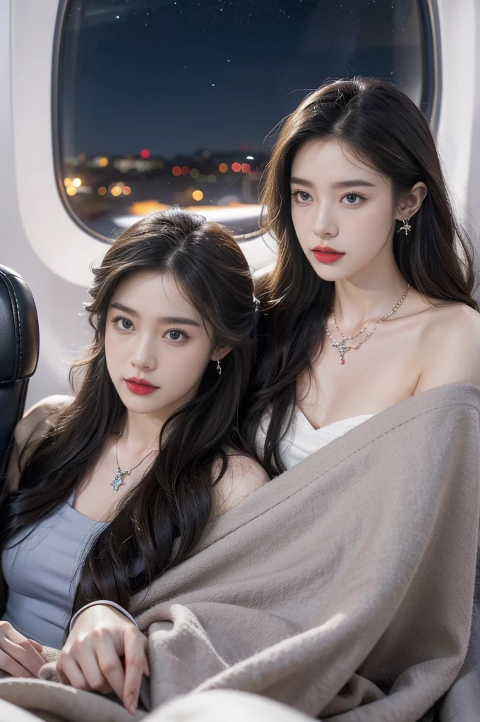 (((best quality))),(((ultra detailed))),(((masterpiece))),illustration,(a beautiful girl,female passenger,solo),(parted red lips),((slim,thin,small breasts,flat chest)),((earrings,crystal necklace)),(slender legs:1.2),summer night,((in airplane,economy class,indoor)),(blanket over shoulders:1.3),((dress)),(shoulder length straight bob hair:1.2),stars,moonlight,smooth flight,engine sound,lullaby,relaxed,excited,laughing,visiting family,comfortable seats,soft fabric,headrests,adjustable,beauty of night sky,dimmed lights,sleeping passengers,movies,personal screens,staying awake,magic of sky,joy of being with family,memorable journey,adventures,(surrounded by crowded crowds:1.3),(Outside the window is high-altitude night view:1.2),((from front,upper body))