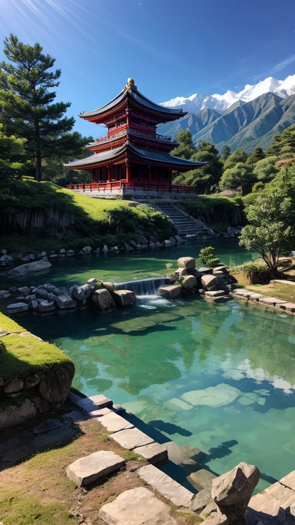 An ancient temple in the mountains,Built on the mountain,There is a clear spring in front of the temple.,The water is crystal cleash swim happily in the water。