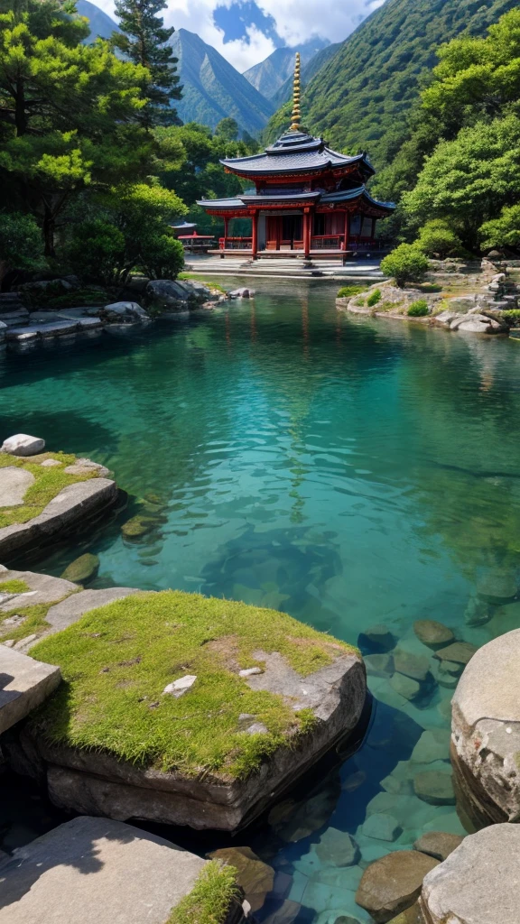 An ancient temple in the mountains，Built on the mountain，There is a clear spring in front of the temple.，The water is crystal cleash swim happily in the water。