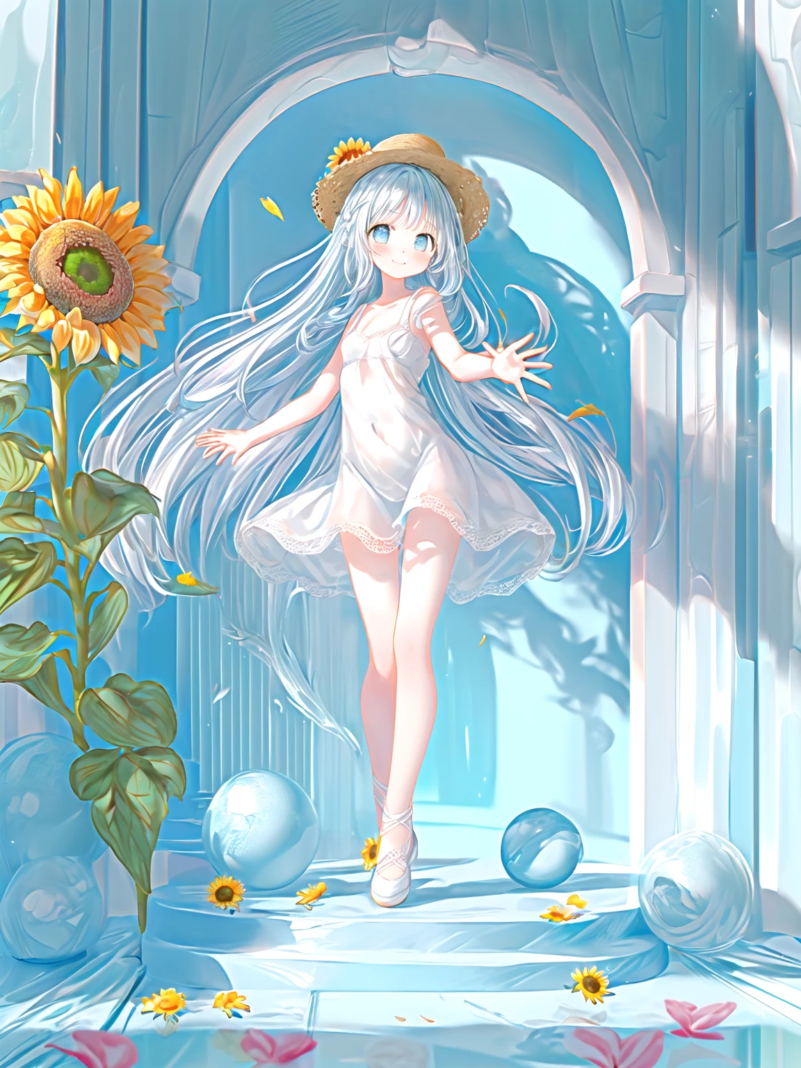 masterpiece, best quality, extremely detailed, (illustration, official art:1.1), 1 girl ,(((( light blue long hair)))), ,(((( light blue long hair)))),light blue hair, , long hair ((blush)) , cute face, big eyes, masterpiece, best quality,(((((a very delicate and beautiful girl))))),Amazing,beautiful detailed eyes,blunt bangs((((little delicate girl)))),tareme(true beautiful:1.2), sense of depth,dynamic angle,,,, affectionate smile, (true beautiful:1.2),,(tiny 1girl model:1.2),)(flat chest), (((1 girl)),1girl, (full body), early teens, A field of sunflowers spreading all over、 (straw hat white one piece dress, background is sunflower field),floating dress, in the sun, A faint smile,Looking at the audience, wind, Dynamic, Strong light and shadow,Dynamic pose,,((( got his hands outstretched, )))Petals are dancing in the wind,sunflower_background,(((Illustration))), ,Opaque clothing
