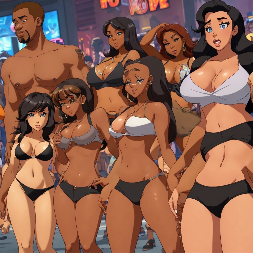 Imagine an ultra realistic cinematic cartoon in HD, cartoon style. From several sexy women in short shorts, big butts and cleavage dancing to black men holding lots of money in their hands.