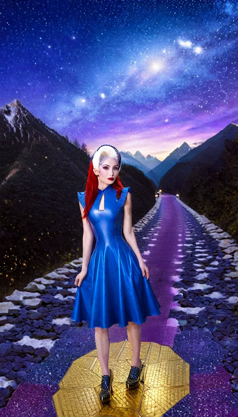 hdr, best image, 8k, photo 3;1, of A beautiful woman, blue latex dress, below the knee, long purple hair, 'black shoes', standing in 1; narrow bridge, white ivory with GOLD, red tile floor, high, over the mountains, descending to the infinity of the universe, stars of the cosmos, universe, giant mountain