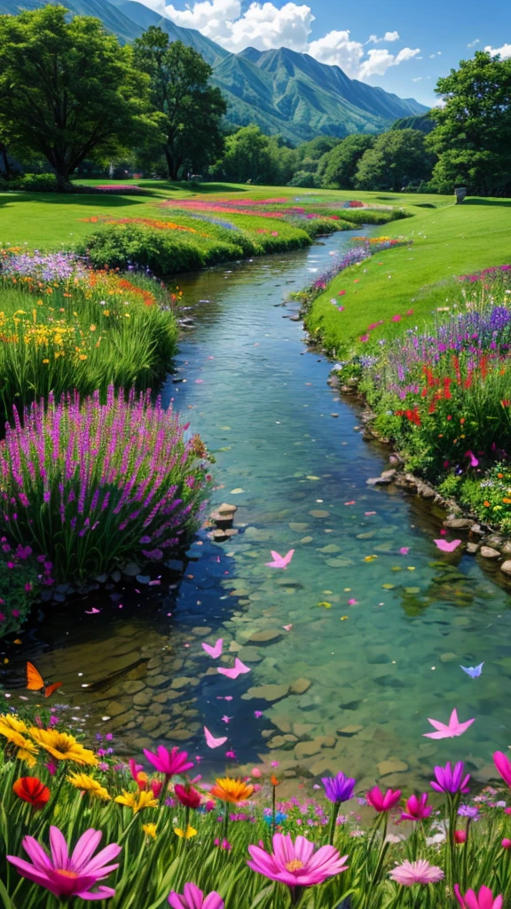Colorful wildflowers scattered on the green grass，Bright butterflies dancing among the flowers，It is surrounded by green mountains，A small stream babbled through。