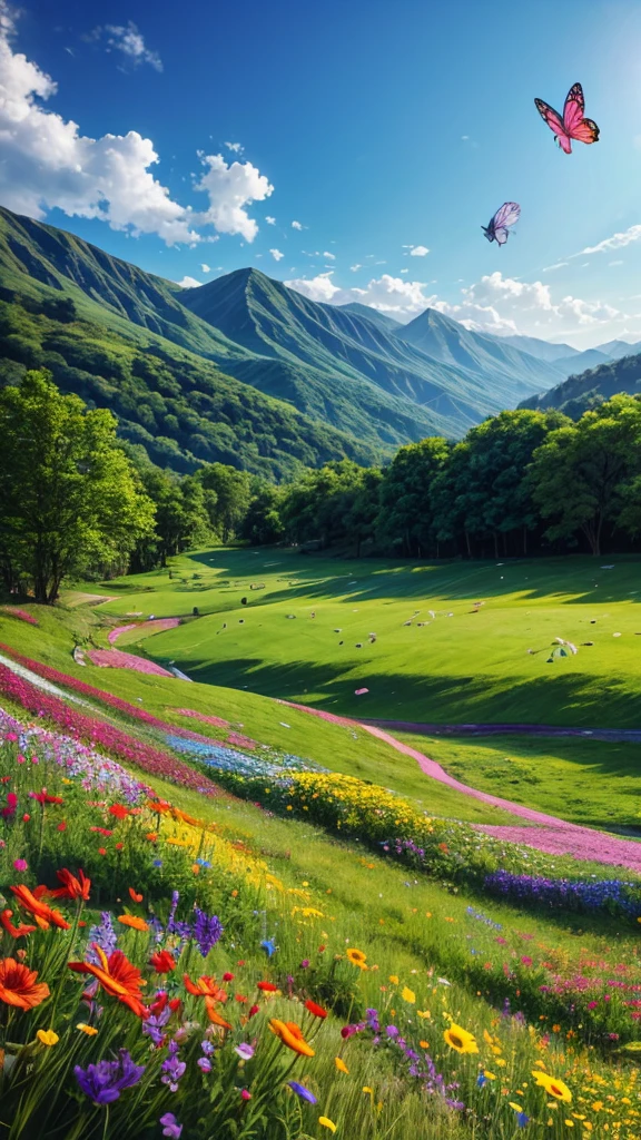 Colorful wildflowers scattered on the green grass，Bright butterflies dancing among the flowers，It is surrounded by green mountains，A small stream babbled through。