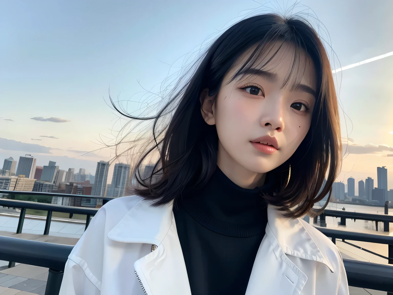 With the entertainment district in the background、30 year old beauty、、Light eye makeup、Black hair color、flat 、Hair blowing in the wind、short hair、Long sleeve、 Ultra-Realistic Capture、Very detailed、High resolution 16k human skin closeup。Skin texture must be natural、The details must be clear enough to identify pores..、skin is healthy、There must be a unified tone、Use natural light and color、High quality photos taken by modeling agencies'Exclusive photographer、smile