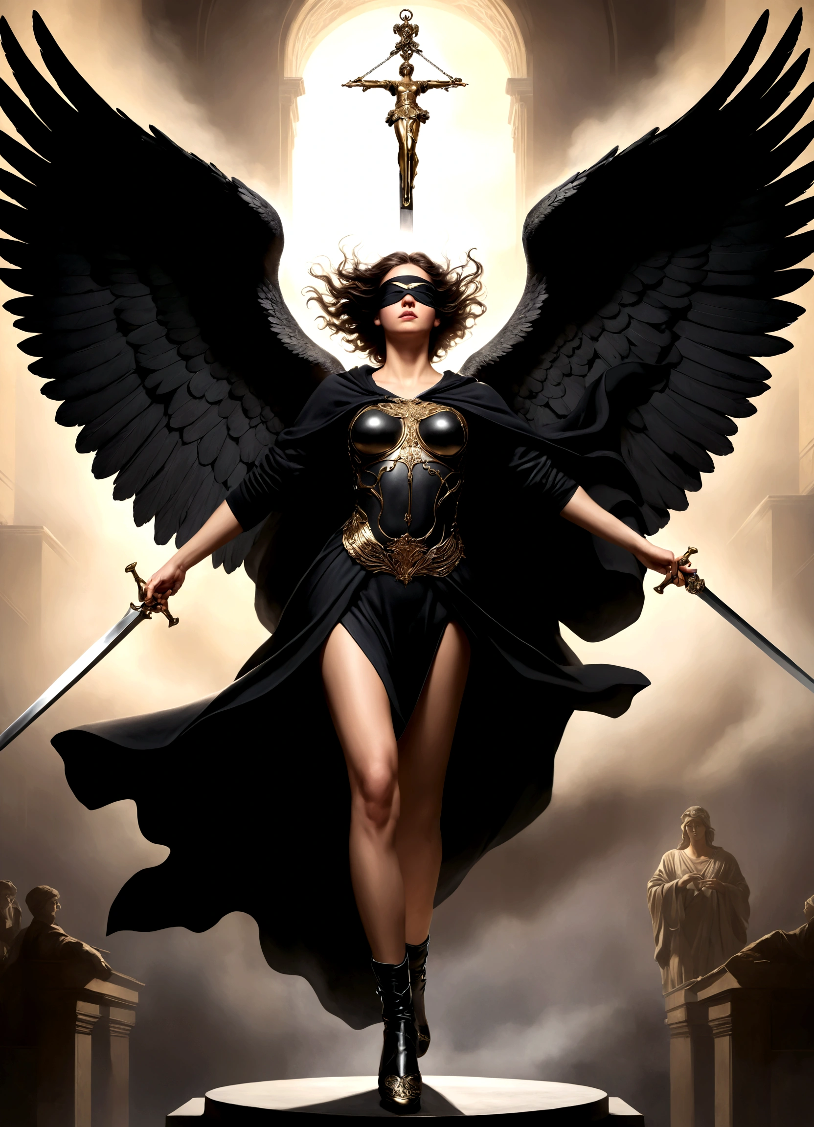 behind the image appears a guardian angel with the musical stage suspended in the air, viewed from the top, with greater depth. consequent characteristicThis image shows a female figure, a guardian angel with black wings,, dressed in a black sweatshirt with the logo " gp" and ripped black pants. She wears a black blindfold, symbolizing blindness or impartiality. In one hand, she holds an ancient scales of justice, e na outra, a sword, reinforcing the iconography of Justice, often represented with these attributes.The figure is in a powerful and determined pose, with his wings open and a serious expression, even if your eyes are covered. and wings, highlighting image with the musical stage suspended in the air, The central figure.The image combines elements of modernity and tradition, mixing classic Justice symbolism with a dark, contemporary look. The presence of wings and blindfold, together with the sword and the scales, suggests a modern and perhaps somewhat rebellious interpretation of the concept of justice, Evoking a sense of power, Mystery and authority.viewed from the top, with greater depth.
