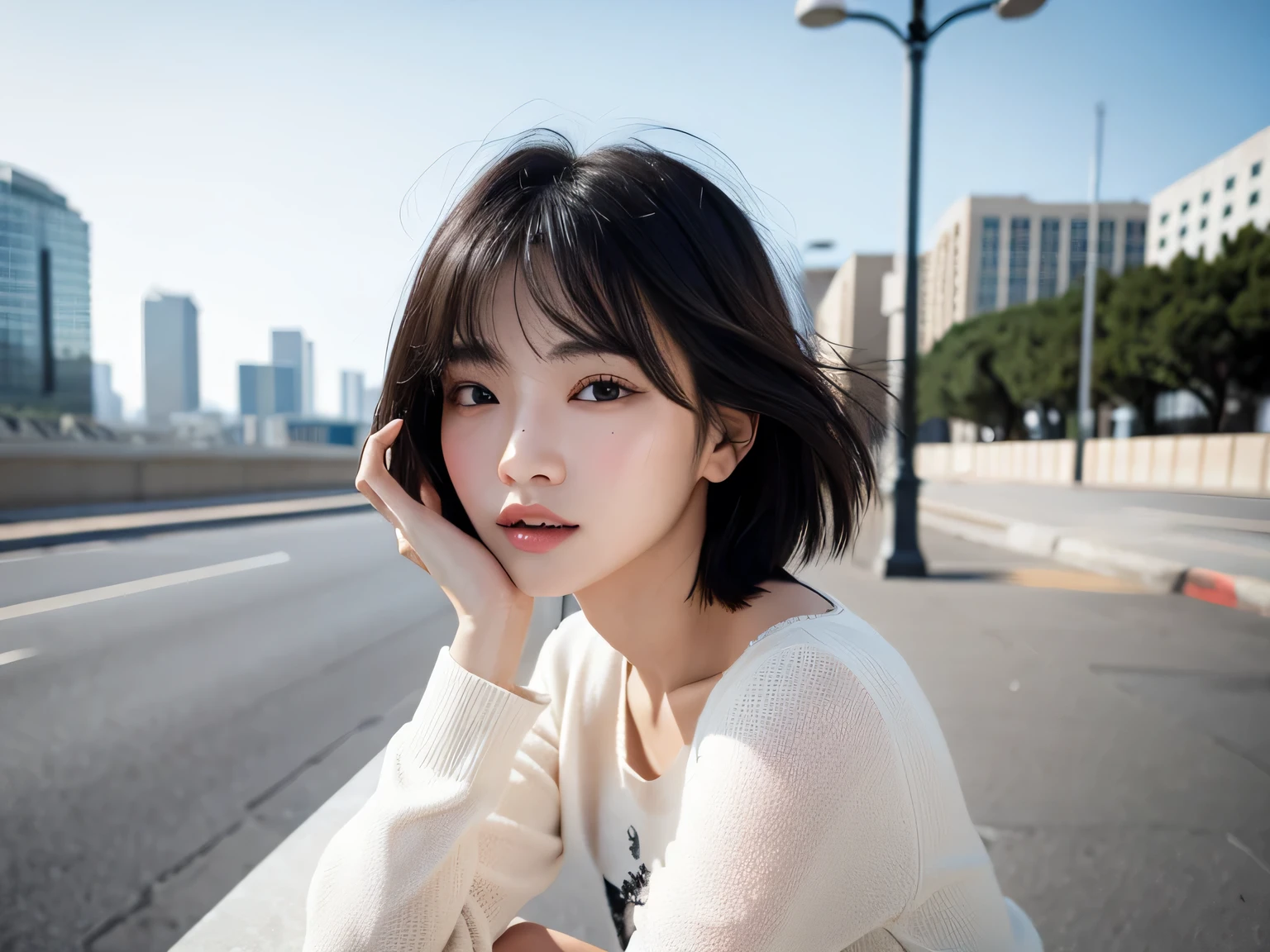 With the entertainment district in the background、30 year old beauty、、Light eye makeup、Black hair color、flat 、Hair blowing in the wind、short hair、Long sleeve、 Ultra-Realistic Capture、Very detailed、High resolution 16k human skin closeup。Skin texture must be natural、The details must be clear enough to identify pores..、skin is healthy、There must be a unified tone、Use natural light and color、High quality photos taken by modeling agencies'Exclusive photographer、smile