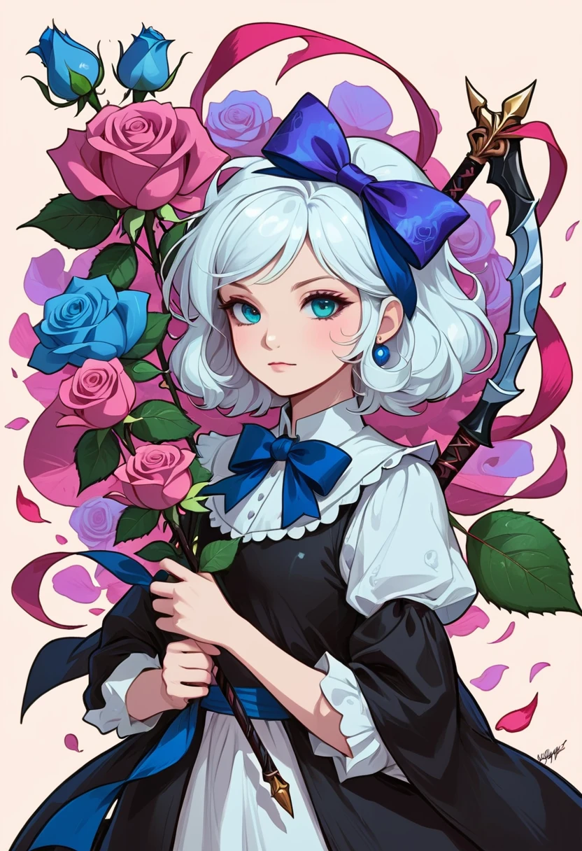 1girl,black rose,blue bow,blue flower,blue nails,blue ribbon,blue rose,flower,green flower,holding,hydrangea,pink rose,polearm,purple rose,red rose,rose,rose petals,rose print,spoken squiggle,squiggle,staff,thorns,weapon,white rose