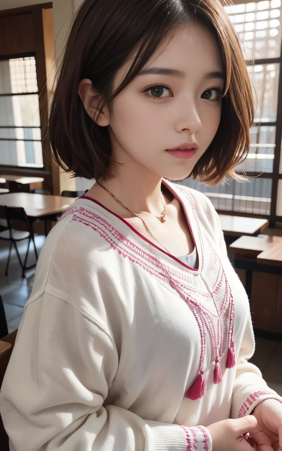 Cute 21 year old Japanese、University、Large classroom、Barely、Super detailed face、Eye for detail、double eyelid、Beautiful thin nose、Sharp Focus:1.2、Beauty:1.4、(Light Brown Hair、Short Hair、Highest quality、Illumination、masterpiece、Ultra-high resolution、(Photorealistic:1.4)、Colorful spring clothes、