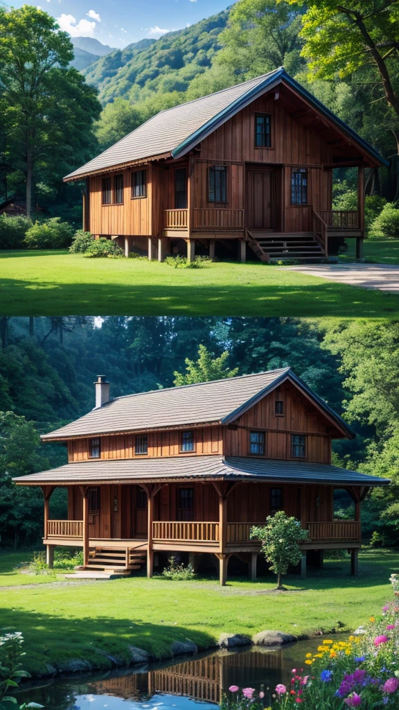 A small wooden house sits on a green hillside,There is a lake behind the house,Sparkling,There is a meadow full of flowers in front of the house,Exudes a fresh fragrance。