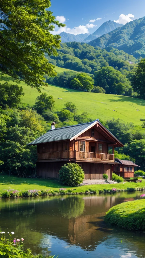 A small wooden house sits on a green hillside,There is a lake behind the house,Sparkling,There is a meadow full of flowers in front of the house,Exudes a fresh fragrance。