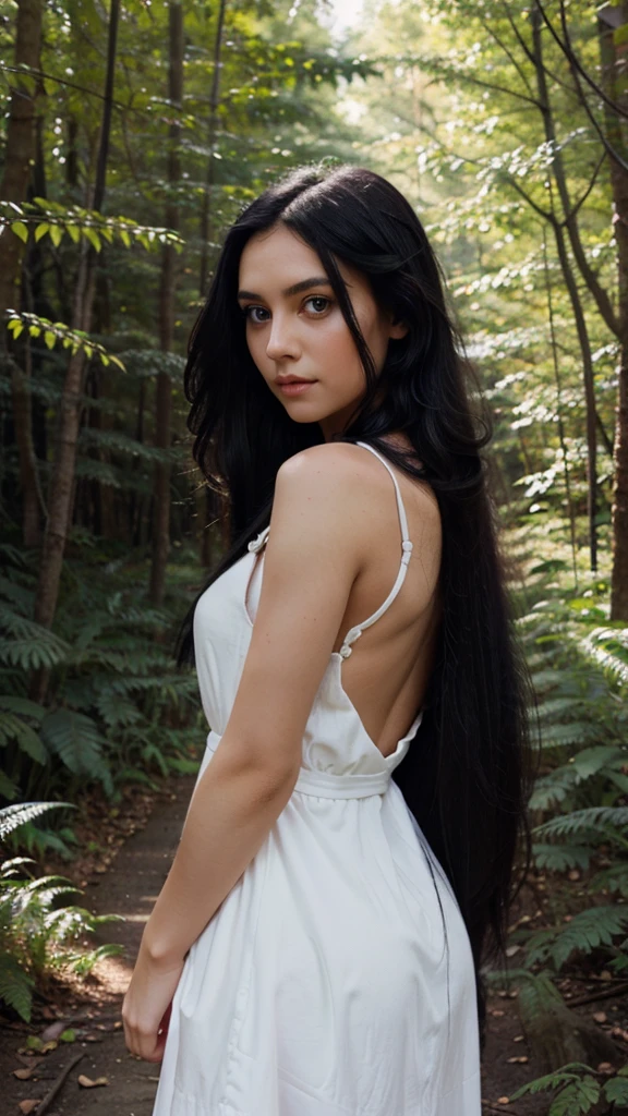 Beautiful girl with green eyes and long black hair wearing white dress in a beautiful forest photo shoot