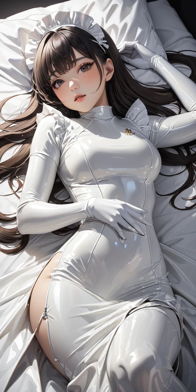 Portraiture、Lying down pose、(masterpiece,Highest quality,Ultra-high resolution),Japanese women, (((Very beautiful 25 year old girl))),(White latex maid outfit)、(White latex long skirt)、(A long-sleeved white latex shirt covering the upper body)、White latex long gloves、White latex socks、Latex bodysuit、The clothes fit snugly to the body、Latex is very shiny、Dark Room、